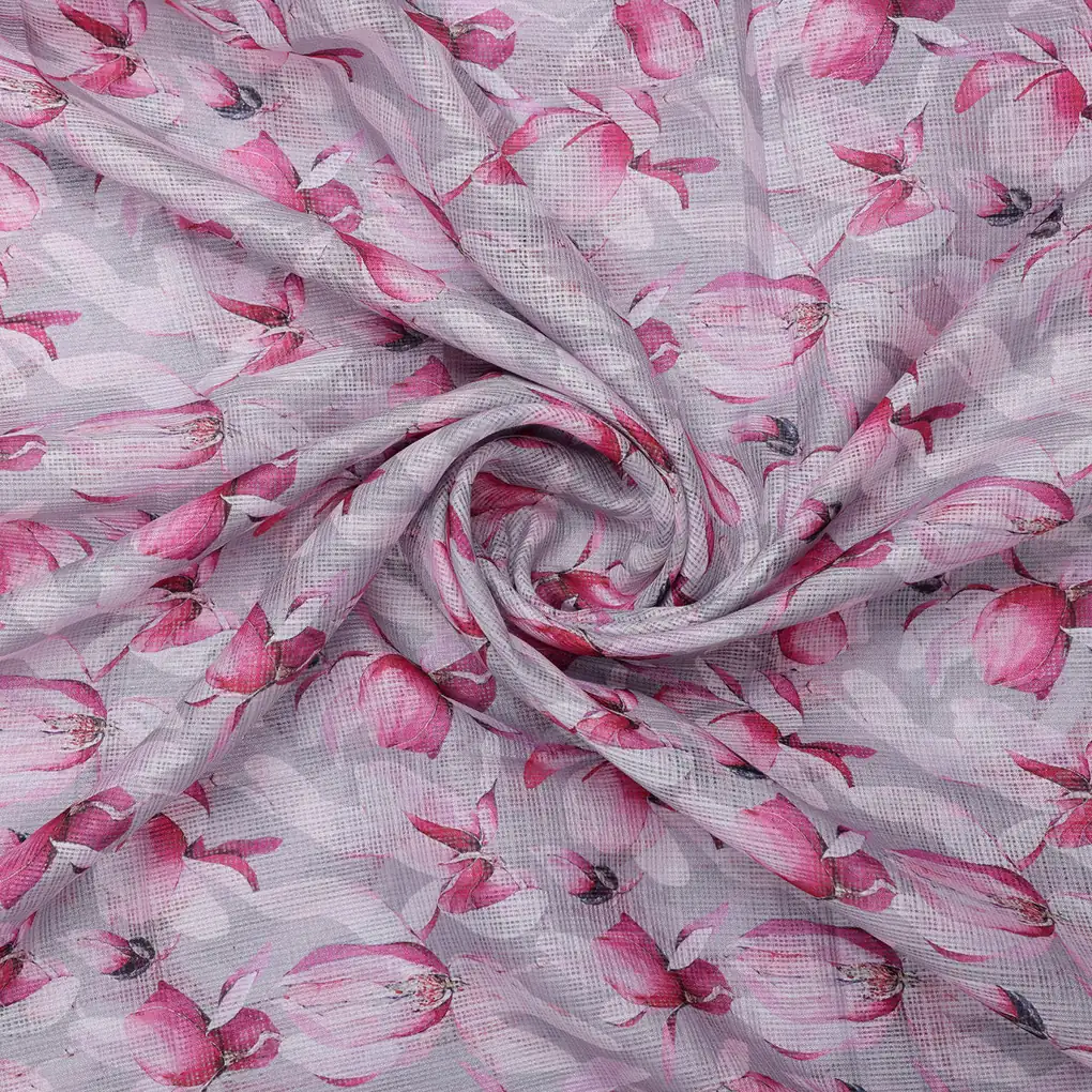 Gorgeous Pink and White Floral Printed Kota Doria Fabric Material - Image 3