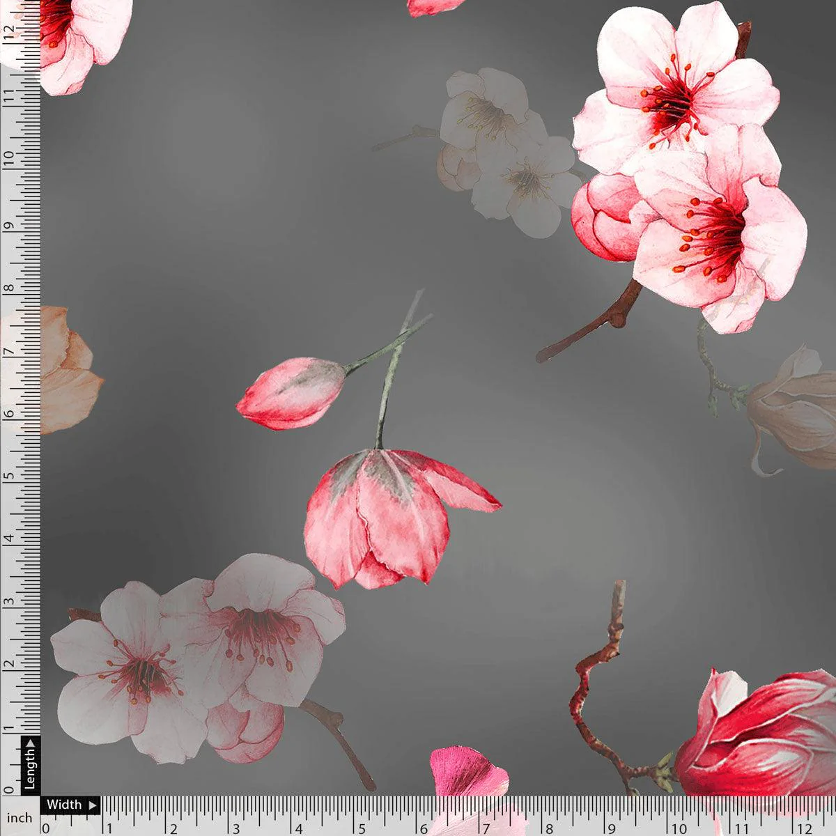 Gray Flower Printed Silk Crepe Fabric Material - Image 4