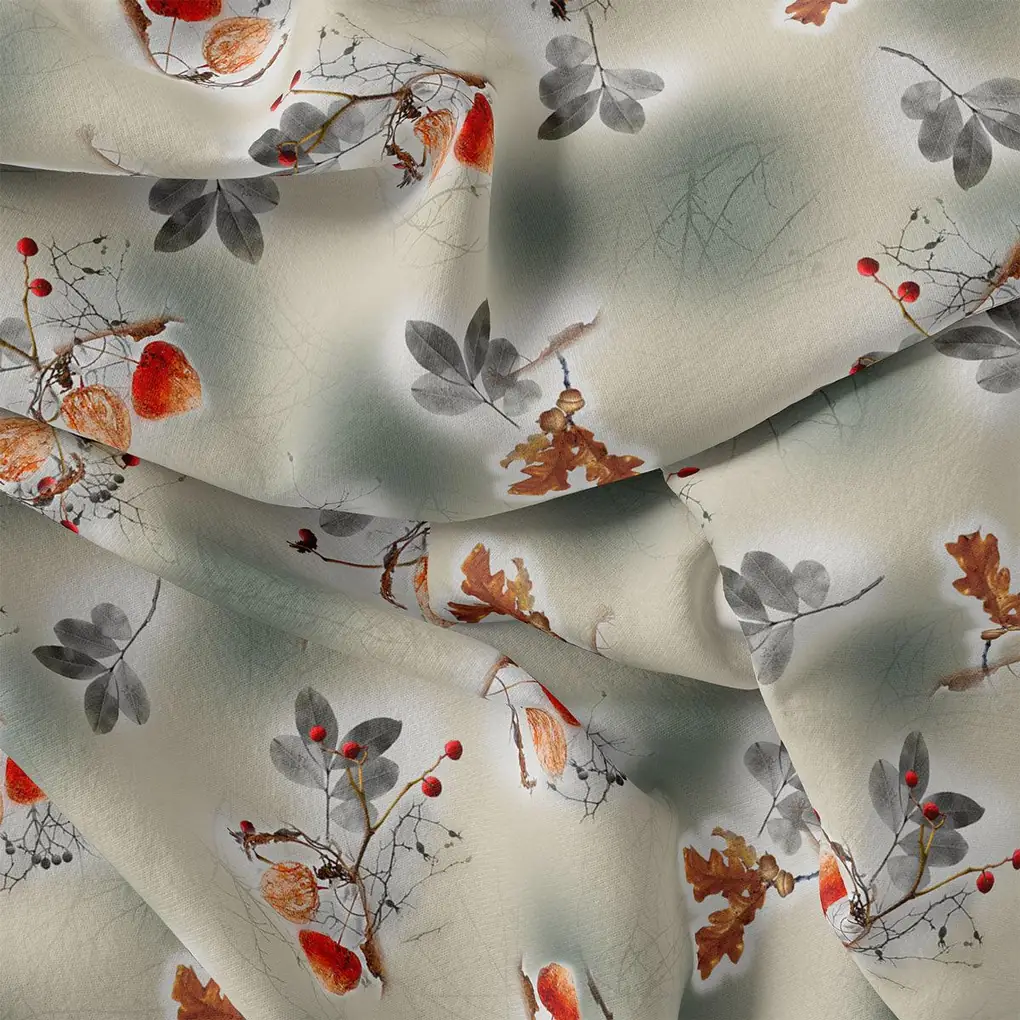 Gray Leaves Silk Crepe Printed Fabric - Image 4