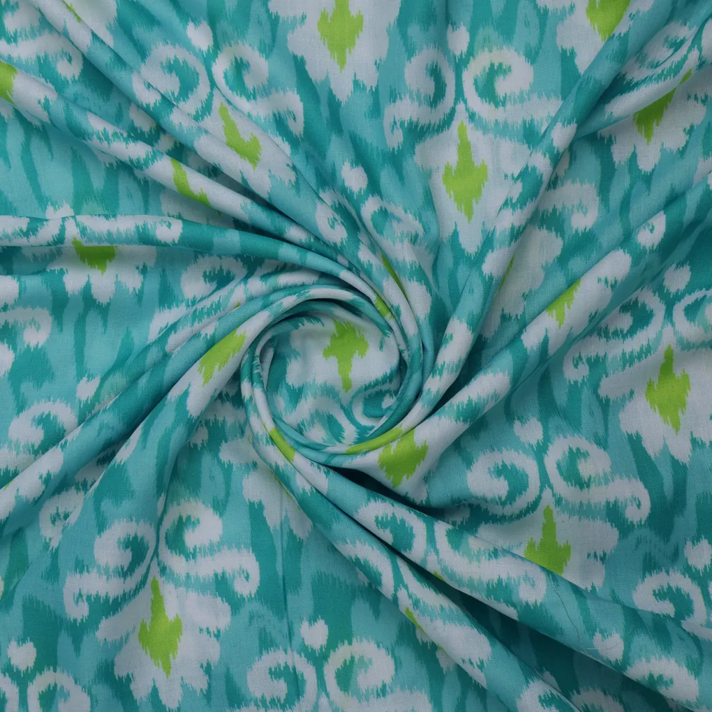 Green and Blue Ikat Print Linen Fabric - Image 3