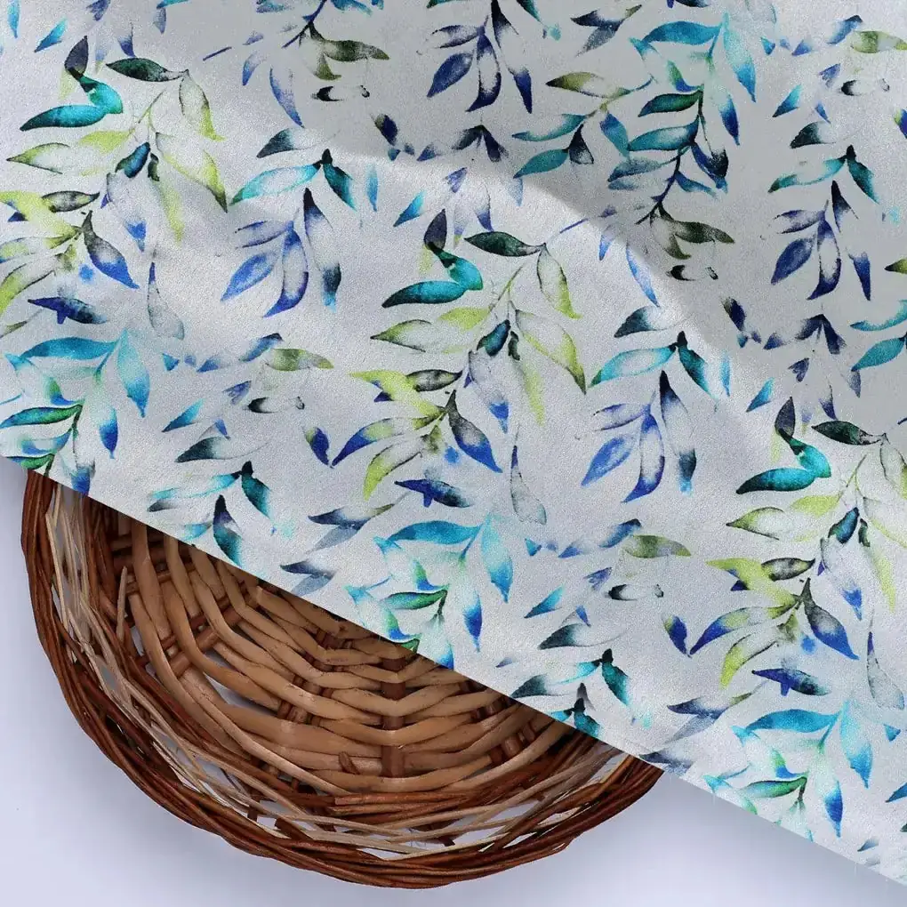 Green And Bluish Leaves Motif Digital Printed Fabric  - Japan Satin - Image 2