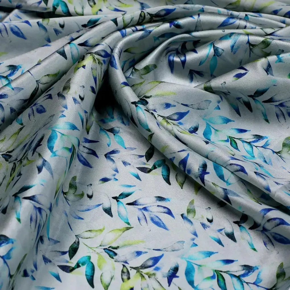 Green And Bluish Leaves Motif Digital Printed Fabric  - Japan Satin - Image 3