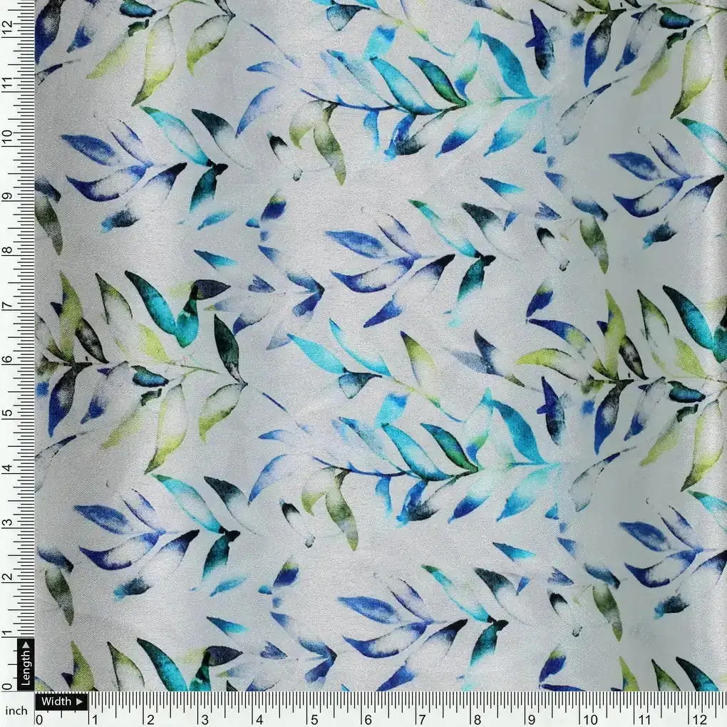 Green And Bluish Leaves Motif Digital Printed Fabric  - Japan Satin - Image 4