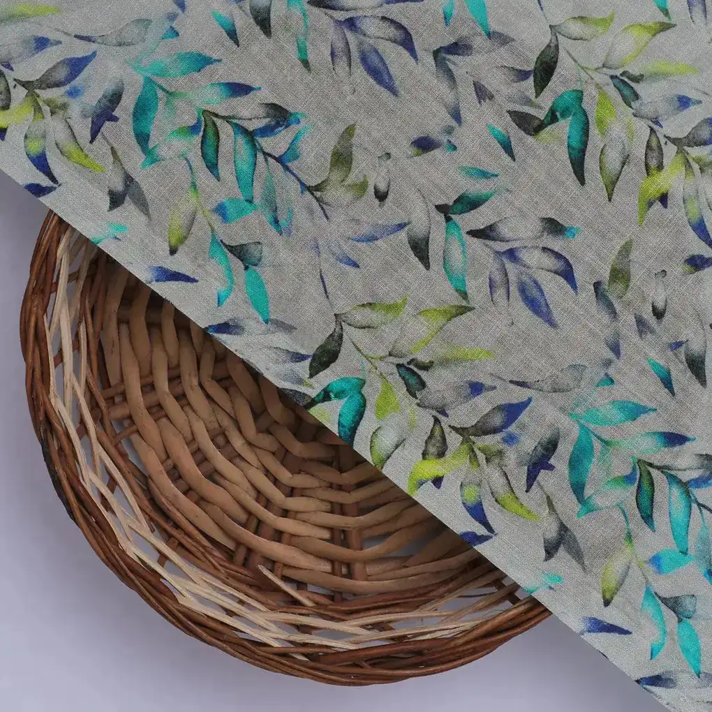 Green And Bluish Leaves Motif Digital Printed Fabric  - Pure Cotton - Image 2