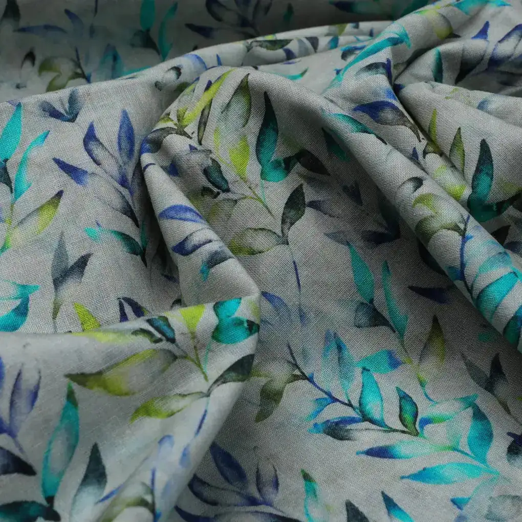 Green And Bluish Leaves Motif Digital Printed Fabric  - Pure Cotton - Image 3