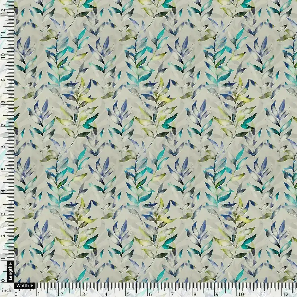 Green And Bluish Leaves Motif Digital Printed Fabric  - Upada Silk - Image 3