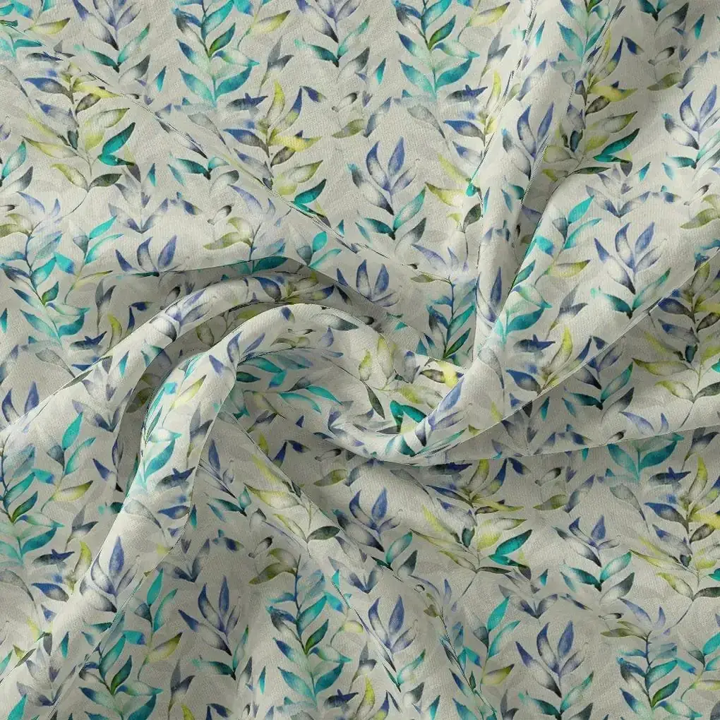 Green And Bluish Leaves Motif Digital Printed Fabric  - Upada Silk - Image 4