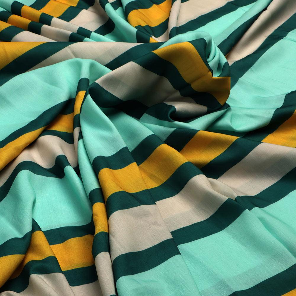 Green And Yellow Stripes Combo Digital Printed Fabric  - Kora Silk - Image 3
