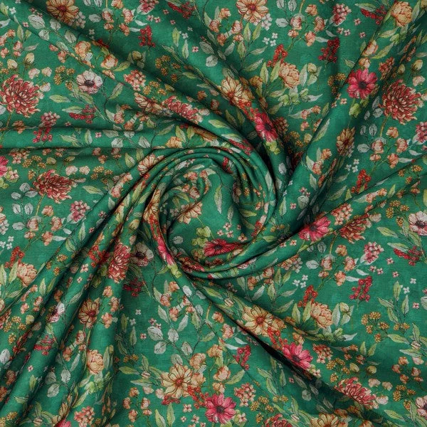Green Botanical Garden Floral Printed Muslin Fabric - Image 3