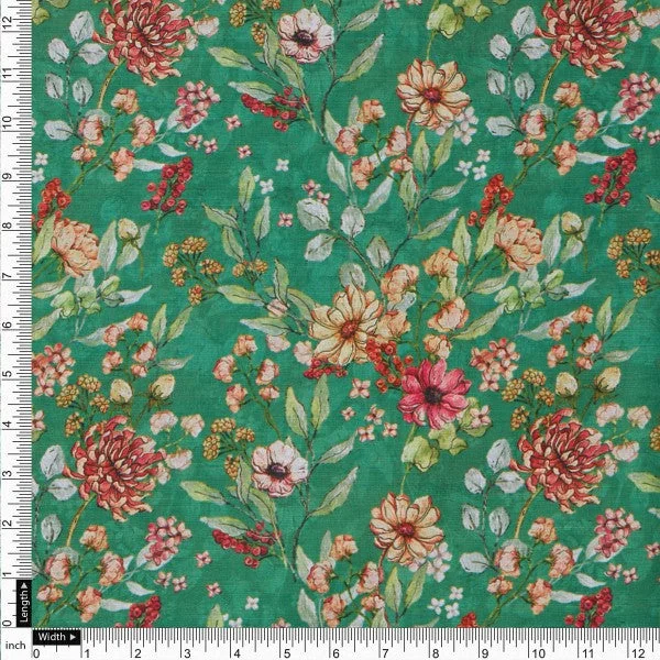 Green Botanical Garden Floral Printed Muslin Fabric - Image 4