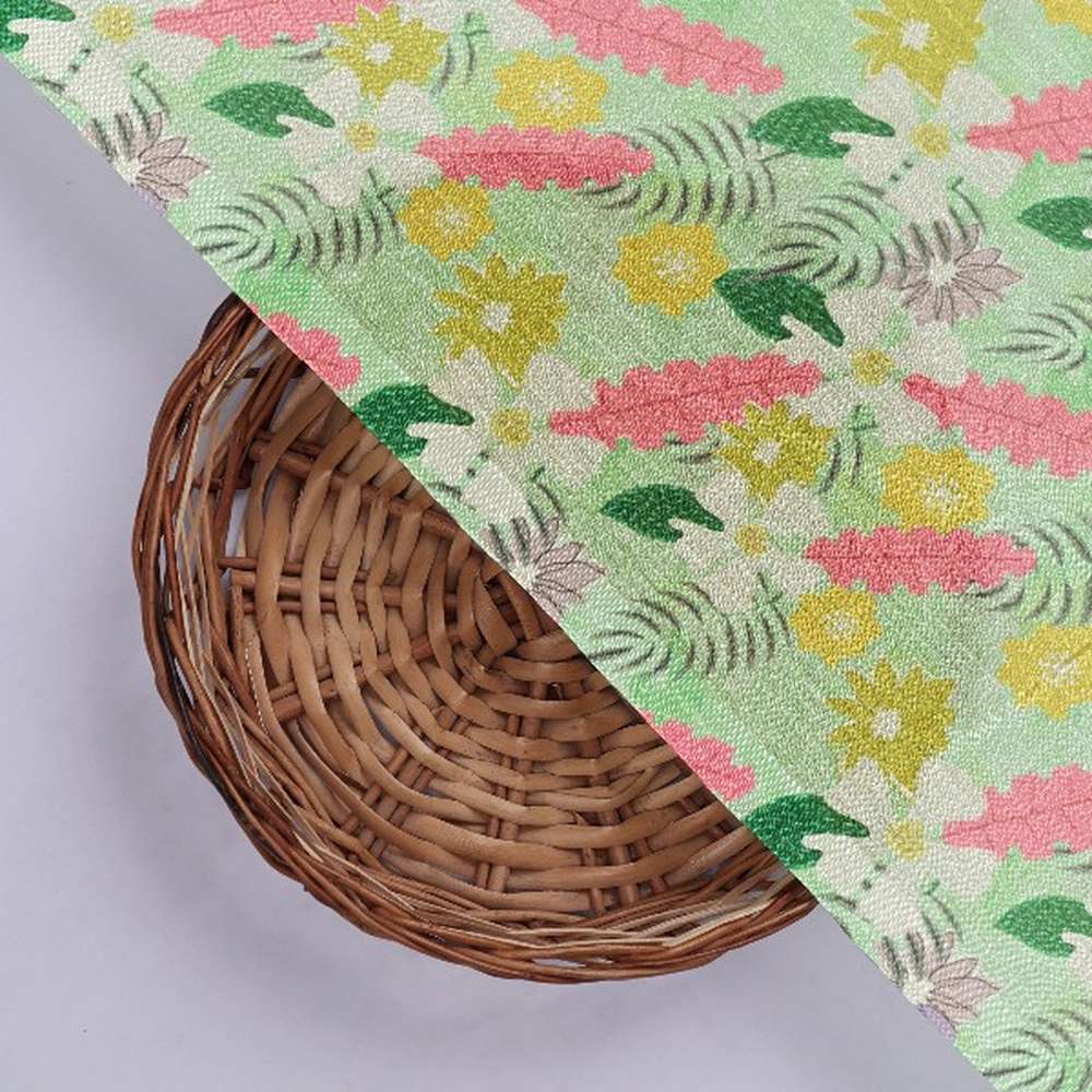 Green Chinon Floral Printed Dress Fabric - Image 3