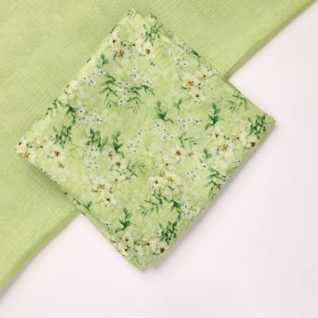 Green Floral Chanderi Fabric Set 5 Meters - Image 2