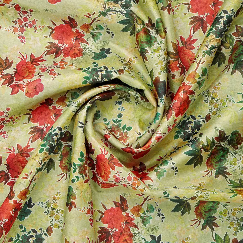 Green Floral Printed Dola Silk Fabric - Image 2