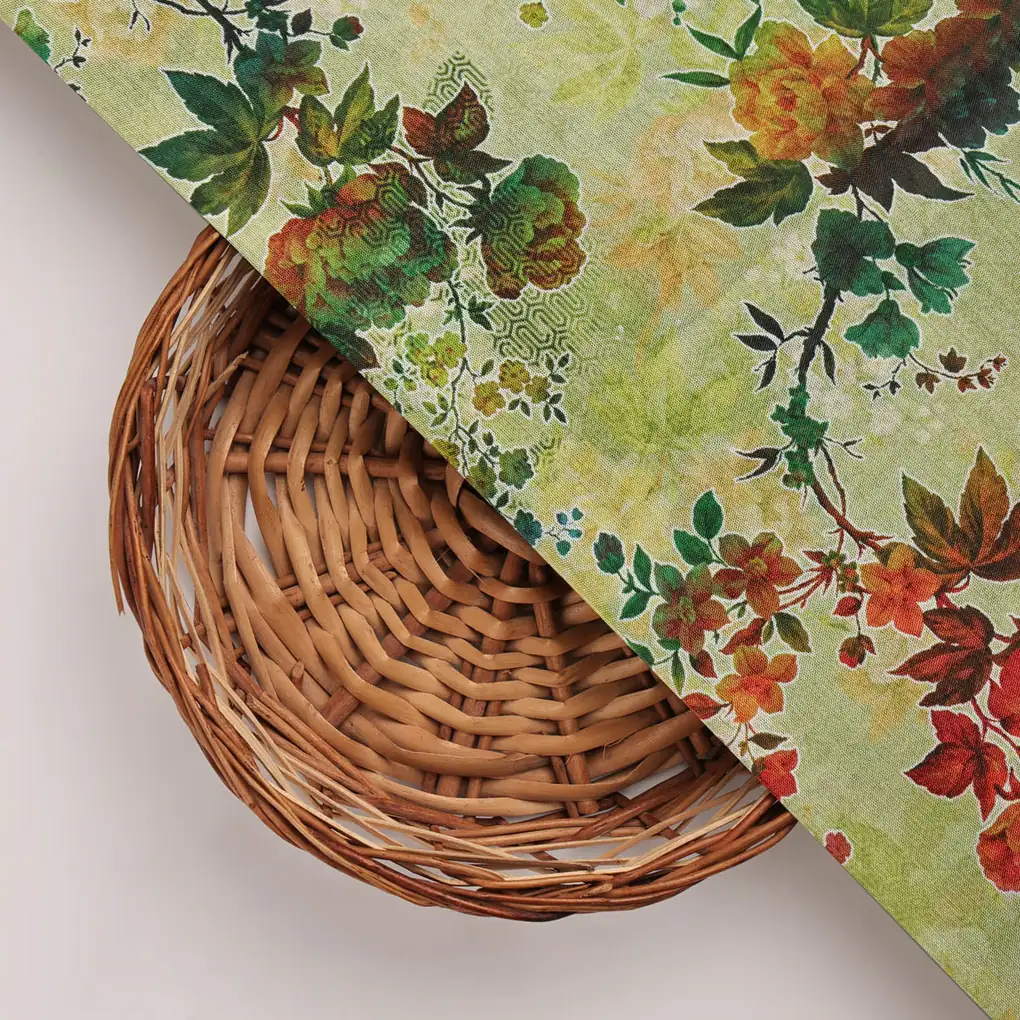 Green Floral Printed Dola Silk Fabric - Image 3