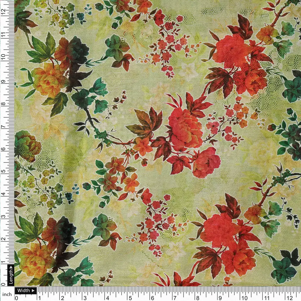 Green Floral Printed Dola Silk Fabric - Image 4