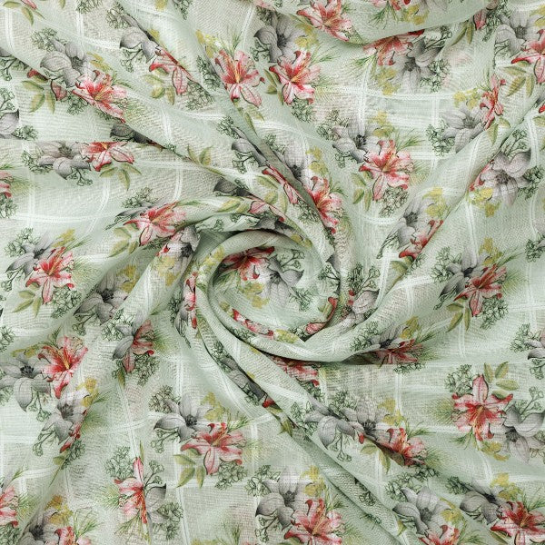 Green Floral Printed Linen Fabric - Image 2