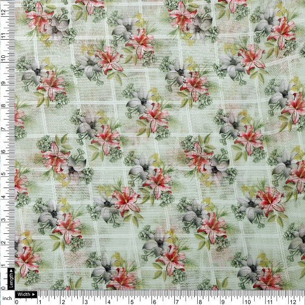 Green Floral Printed Linen Fabric - Image 4
