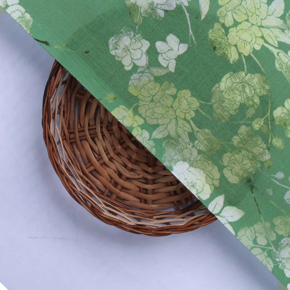 Green Floral Printed Linen Fabric - Image 2