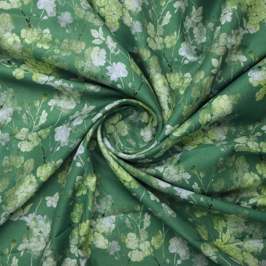 Green Floral Printed Linen Fabric - Image 3