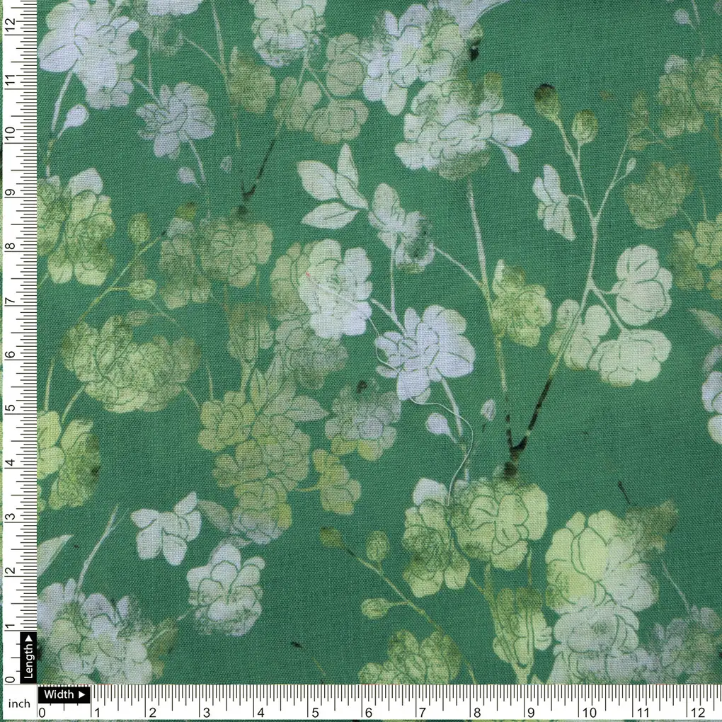Green Floral Printed Linen Fabric - Image 4