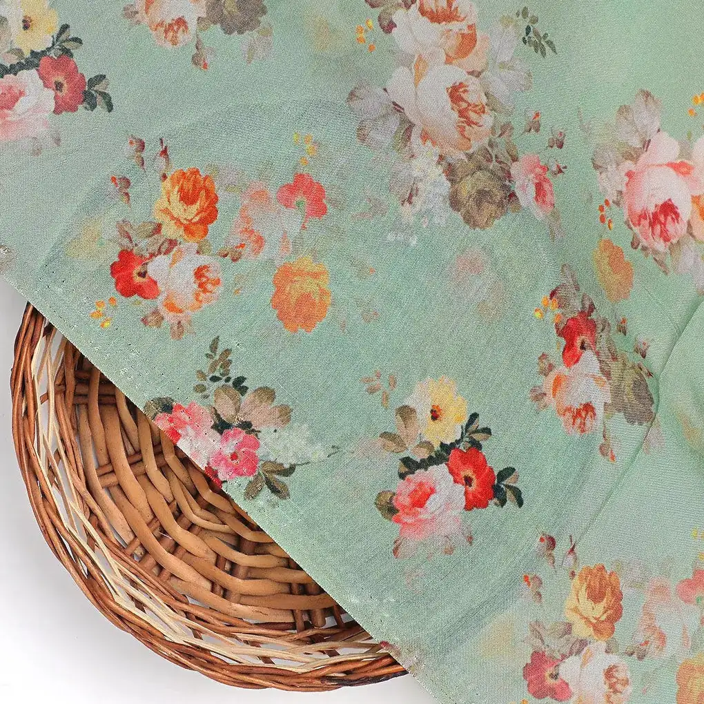 Green Floral Printed Pure Muslin Fabric - Image 2
