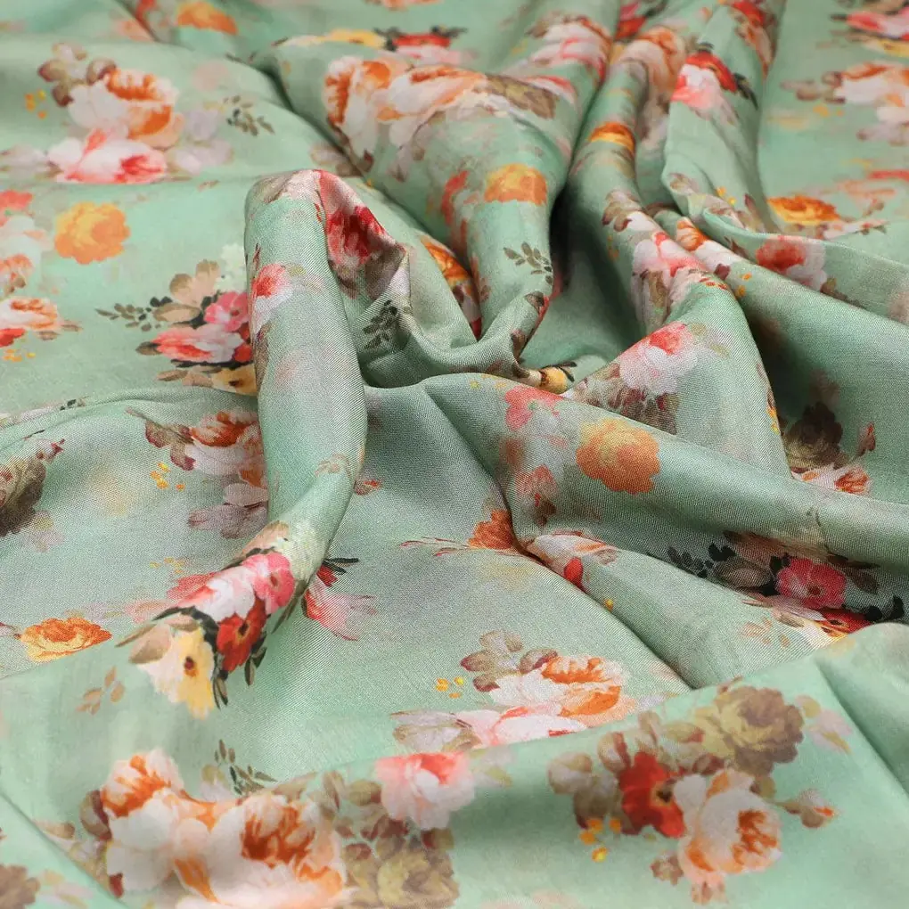 Green Floral Printed Pure Muslin Fabric - Image 3