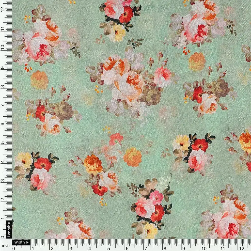 Green Floral Printed Pure Muslin Fabric - Image 4
