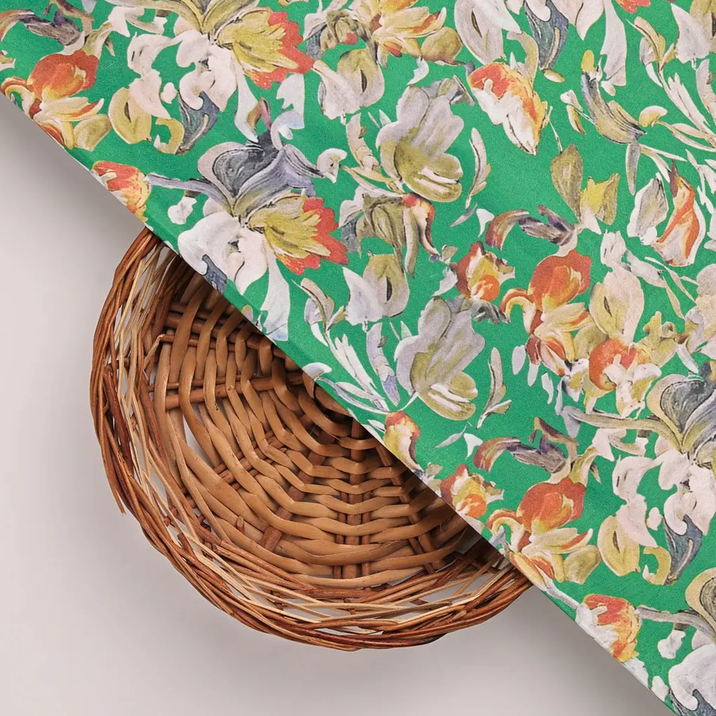 Green Floral Printed Satin Fabric - Image 3