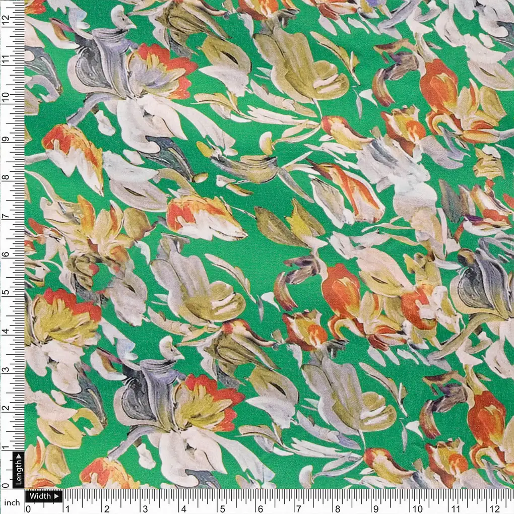 Green Floral Printed Satin Fabric - Image 4