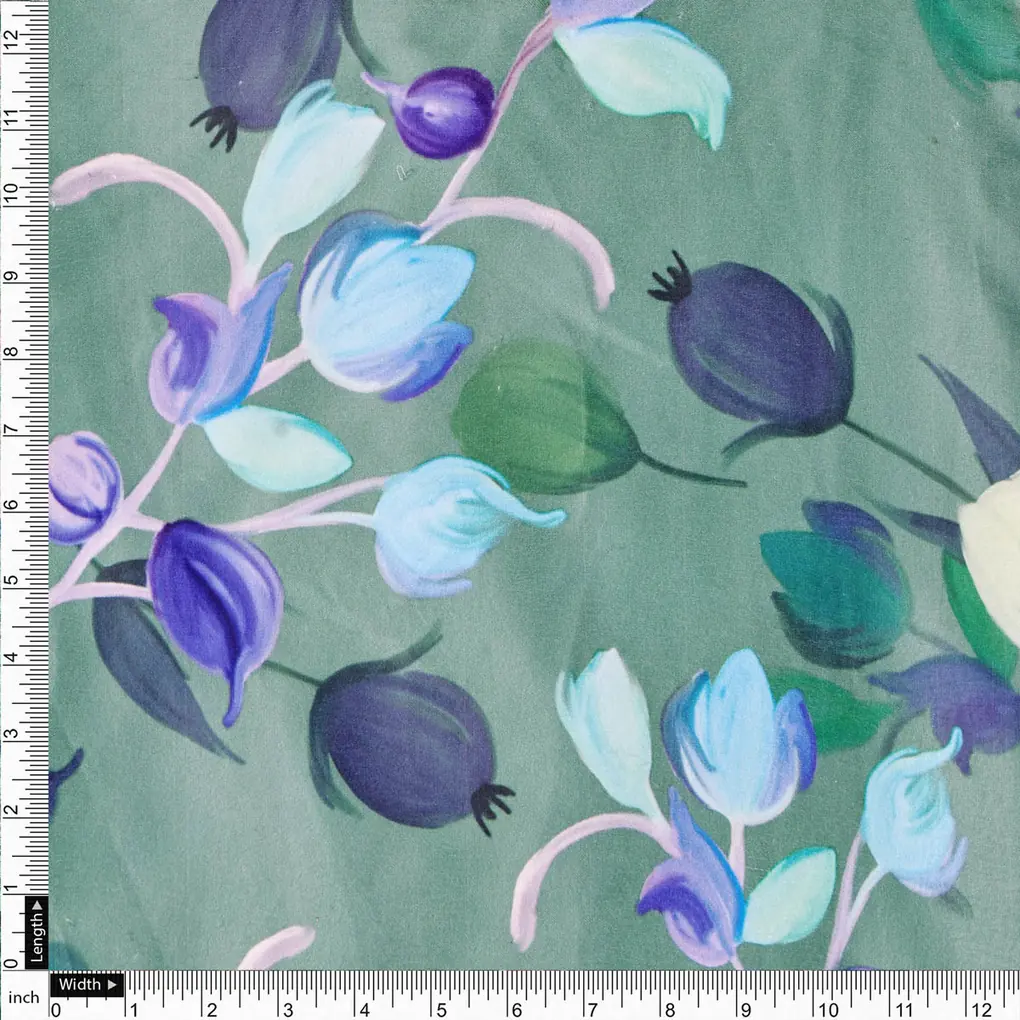 Green Floral Printed Satin Fabric - Image 4