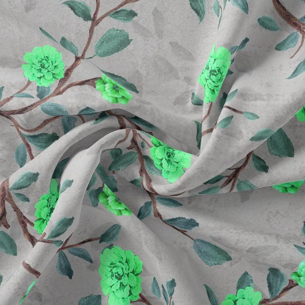 Green Flower And Brach Digital Printed Fabric - Image 3