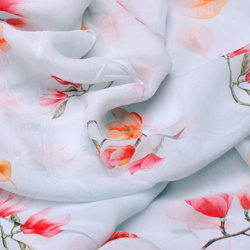 White Floral Pure Georgette Printed Fabric - Image 3