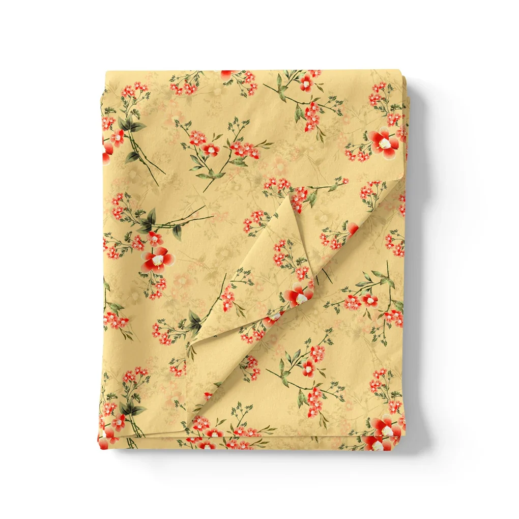 Green Garnet Leaves Red Floral Flower Digital Printed Fabric - Image 3