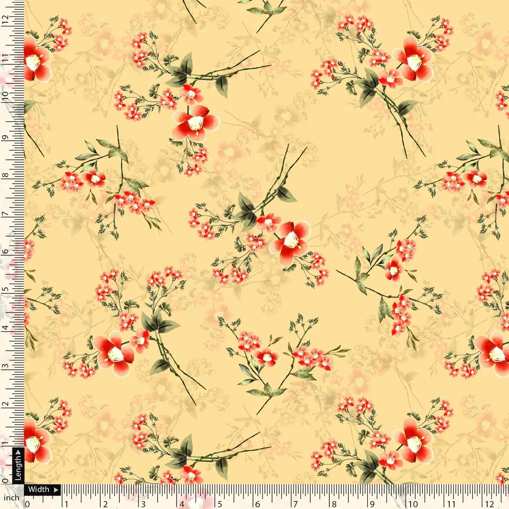 Green Garnet Leaves Red Floral Flower Digital Printed Fabric - Image 4