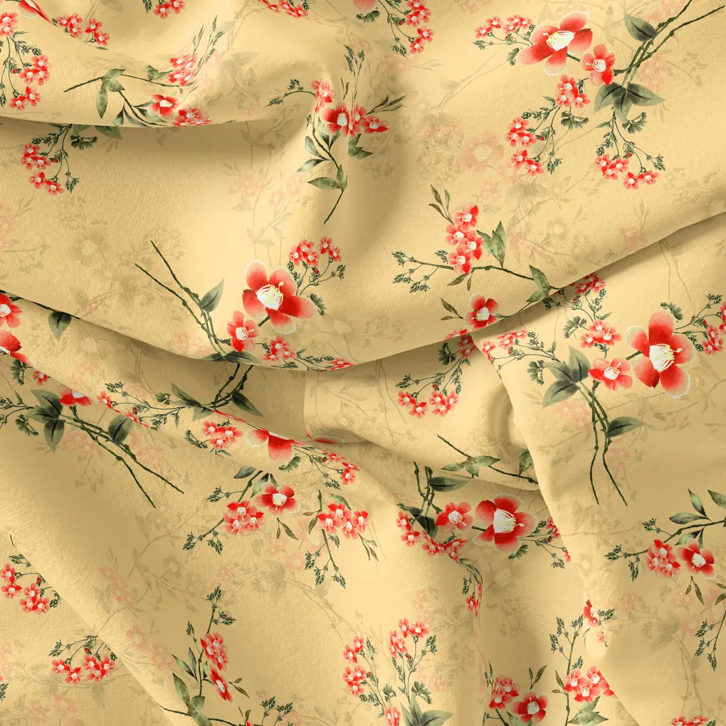 Green Garnet Leaves Red Floral Flower Digital Printed Fabric - Pure Cotton - Image 4
