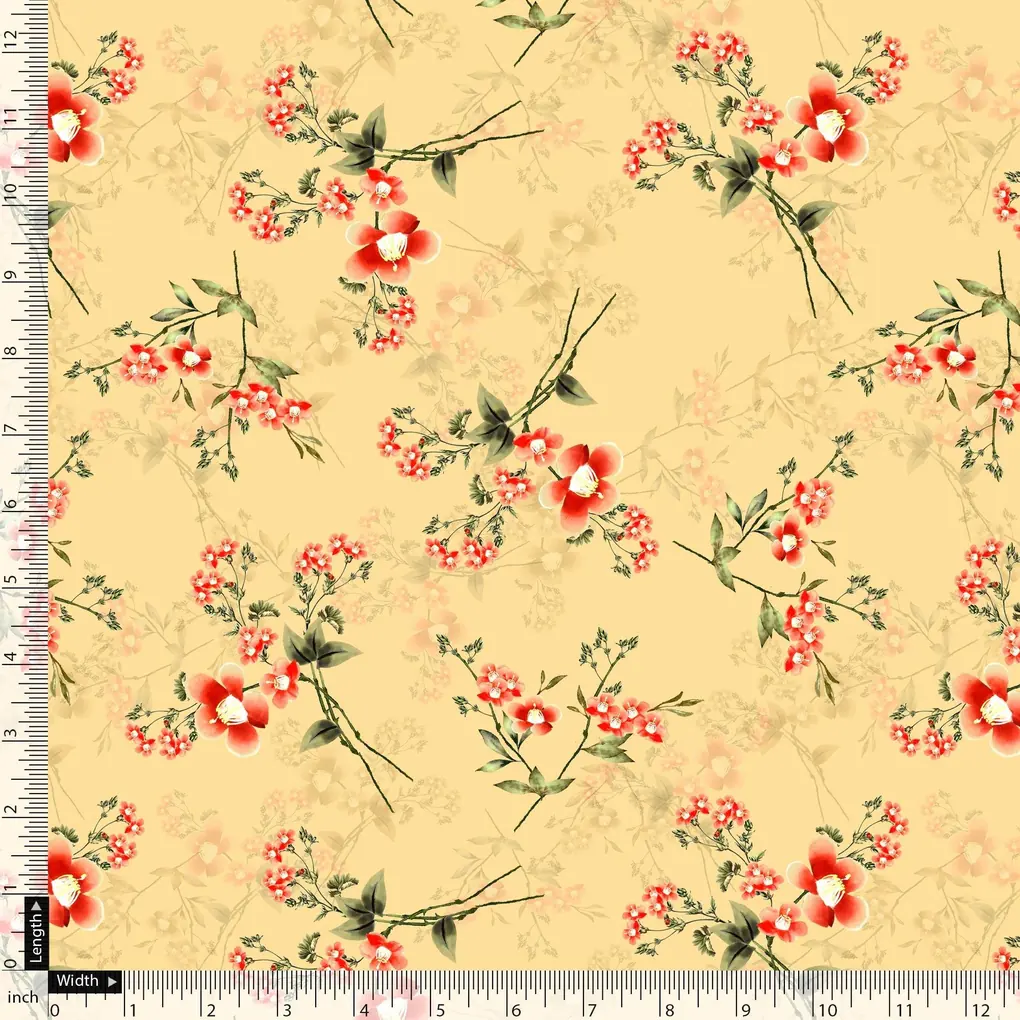 Green Garnet Leaves Red Floral Flower Digital Printed Fabric - Pure Cotton - Image 5