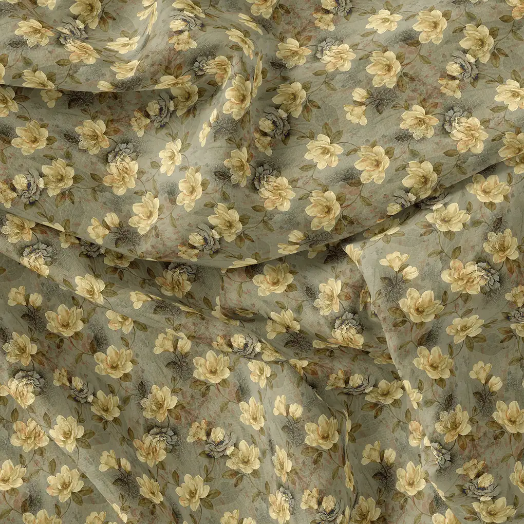 Green Gray Pure Cotton Printed Fabric Material - Image 4