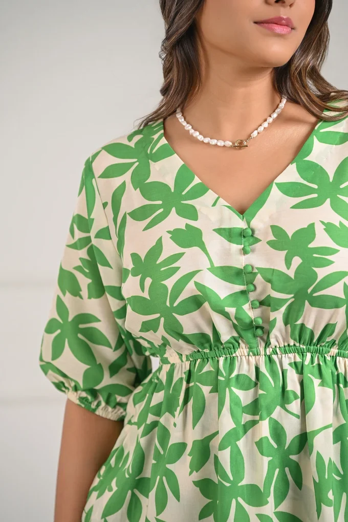Green Leaf Printed Midi Dress - Image 2