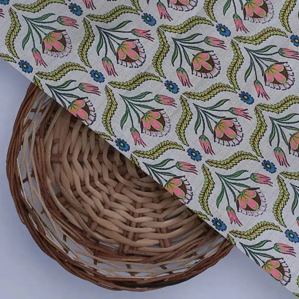 Green Leaves With Flower Digital Printed Fabric - Image 2