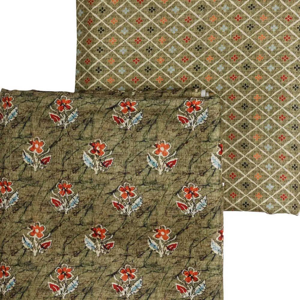 Green Linen Printed Unstitched Fabric Set (5 Meter Set) - Image 3