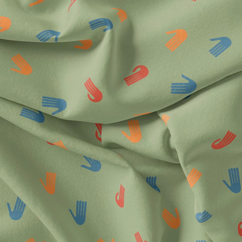 Green Muslin Digital Printed Fabric With Quirky Kids Hand Prints - Image 3