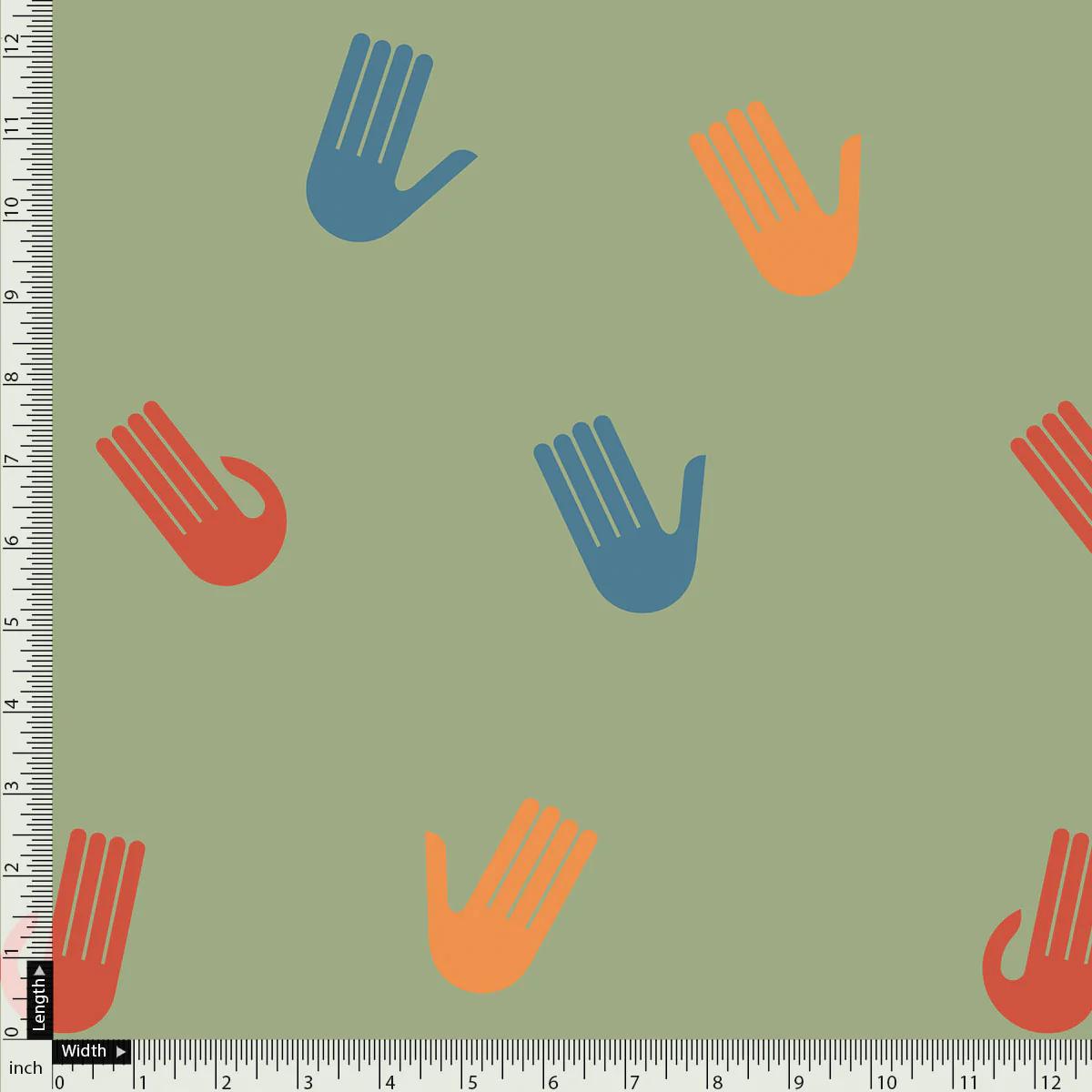 Green Muslin Digital Printed Fabric With Quirky Kids Hand Prints - Image 4