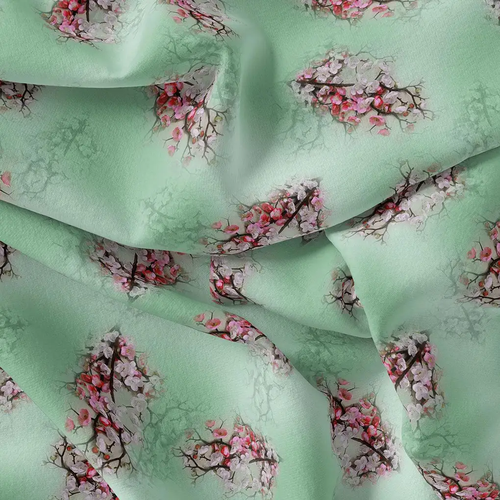Green Pista Flower Japan Satin Printed Fabric - Image 4