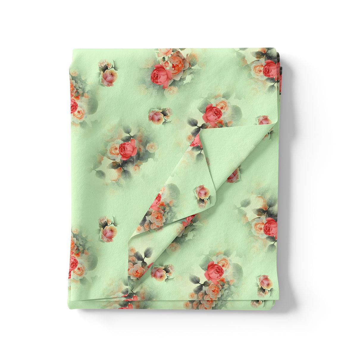 Green Pista Flower Printed Silk Crepe Fabric Material - Image 3