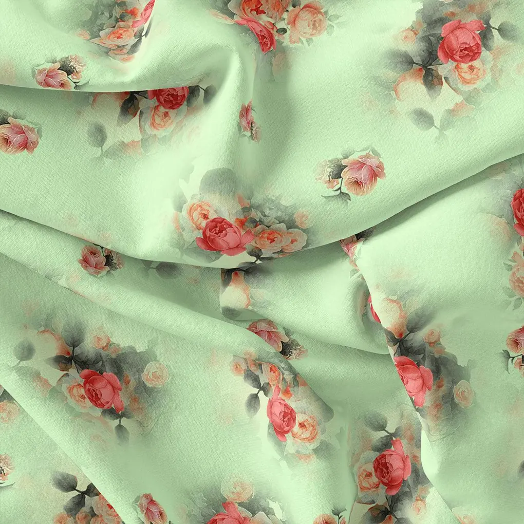 Green Pista Flower Printed Silk Crepe Fabric Material - Image 4