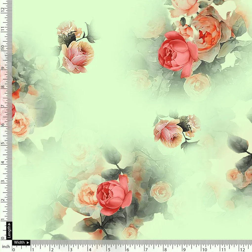 Green Pista Flower Printed Silk Crepe Fabric Material - Image 5