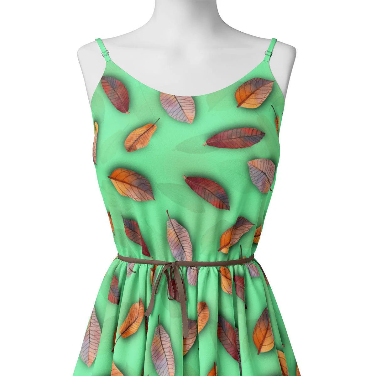 Green Pista Leaves Japan Satin Printed Fabric - Image 2