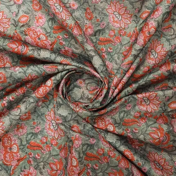 Green & Red Floral Printed Tusser Silk - Image 2