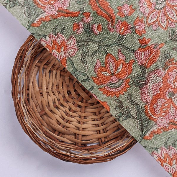 Green & Red Floral Printed Tusser Silk - Image 3