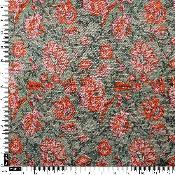 Green & Red Floral Printed Tusser Silk - Image 4